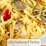 A close-up of Turkey Tetrazzini with noodles, mushrooms, tomatoes, and creamy sauce in a white dish. Text overlay reads: "Old Fashioned Turkey Tetrazzini From Scratch.