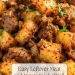 A plate of Leftover Meat and Potato Hash, featuring browned potato cubes and chunks of meat, garnished with chopped parsley.